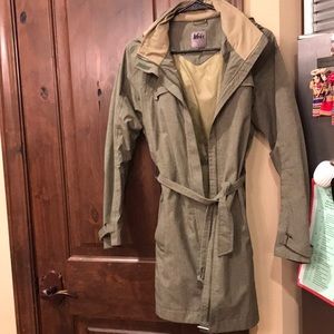 REI rain jacket or trench cost, long sleeve wraps in waist. Small with hoodie.